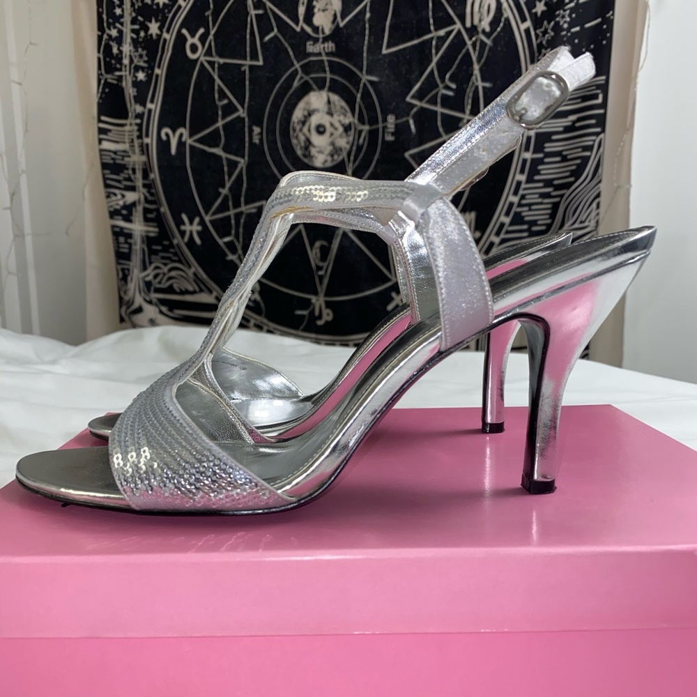 Silver Sequin Dressy Strappy Heels